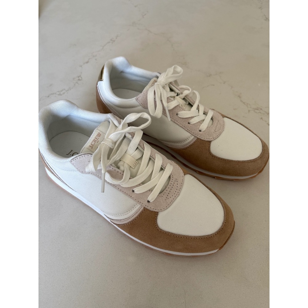 J.Crew Womens Court Sneakers White Tan Suede Gold Metallic BN870 Size 10 Preppy